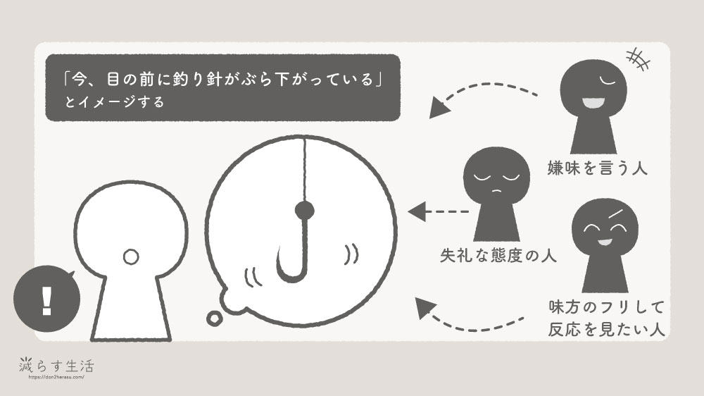 目の前に釣り針がぶら下がっているとイメージしている様子